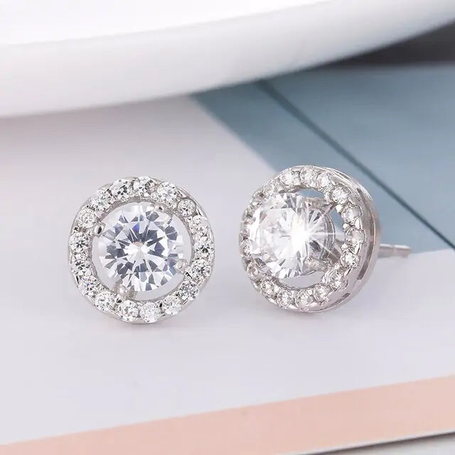 Classic Shining Silver CZ Stud Earrings